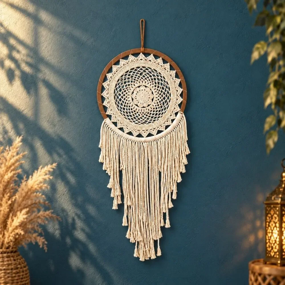 Boho Crochet Doily Dream Catcher Macrame Fringe Wall Hanging Over 24